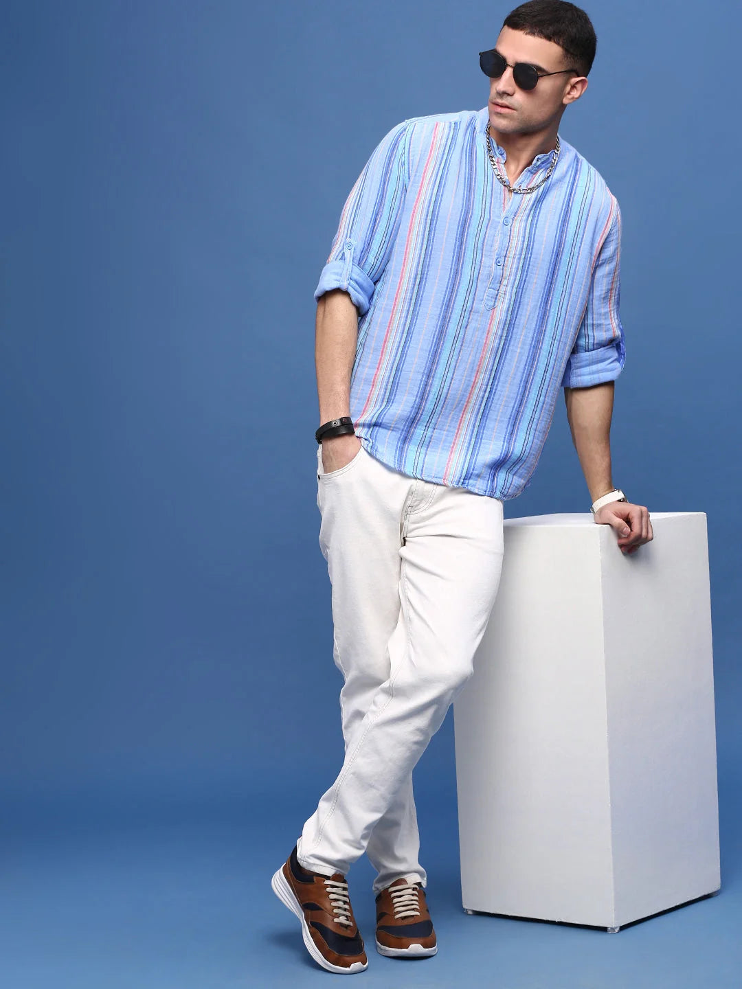 Blue Striped Mens Kurta | Slim Fit Kurta Pajama Set by Showoff