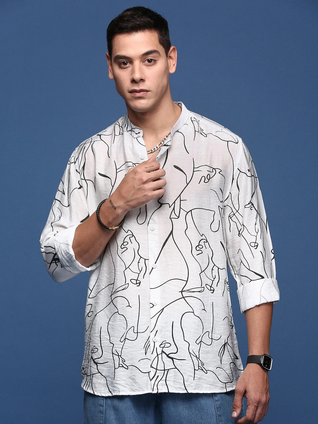 Abstract White Mens Shirt - Mandarin Collar Cotton Formal Shirts