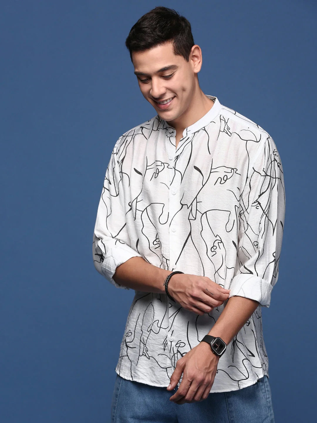 Abstract White Mens Shirt - Mandarin Collar Cotton Formal Shirts