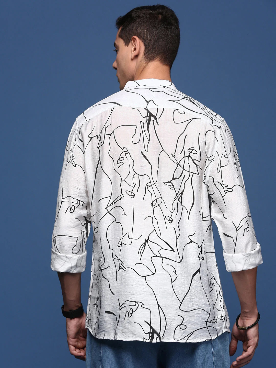 Abstract White Mens Shirt - Mandarin Collar Cotton Formal Shirts