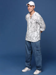 Men Mandarin Collar Abstract White Slim Fit Shirt-Amos-2957-White