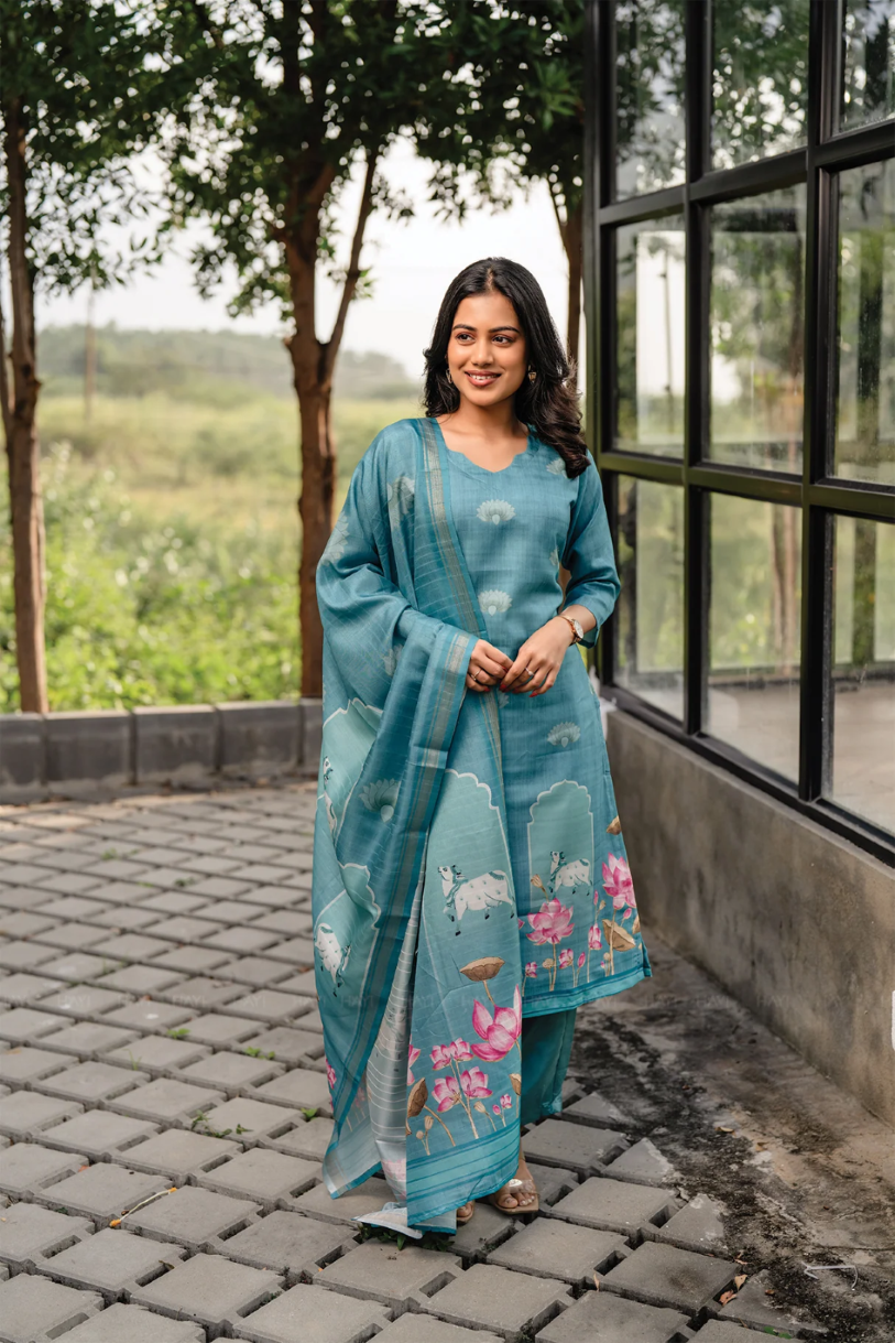 Cotton Blend Kurta Set for Women - Teal | MLWSHKS8878TEL | DesiQlo