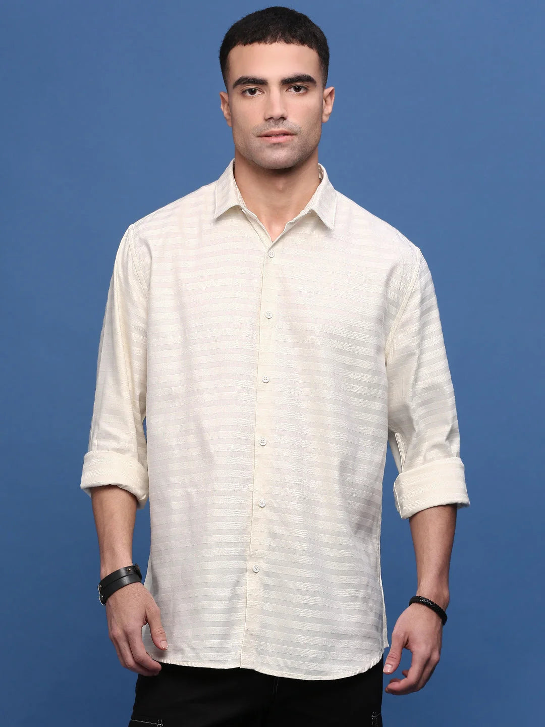 Cream Striped Slim Fit Cotton Mens Shirt | Printed Shirt