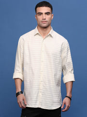 Men Cream Slim Fit Striped Shirt-Araminta-3369-Cream
