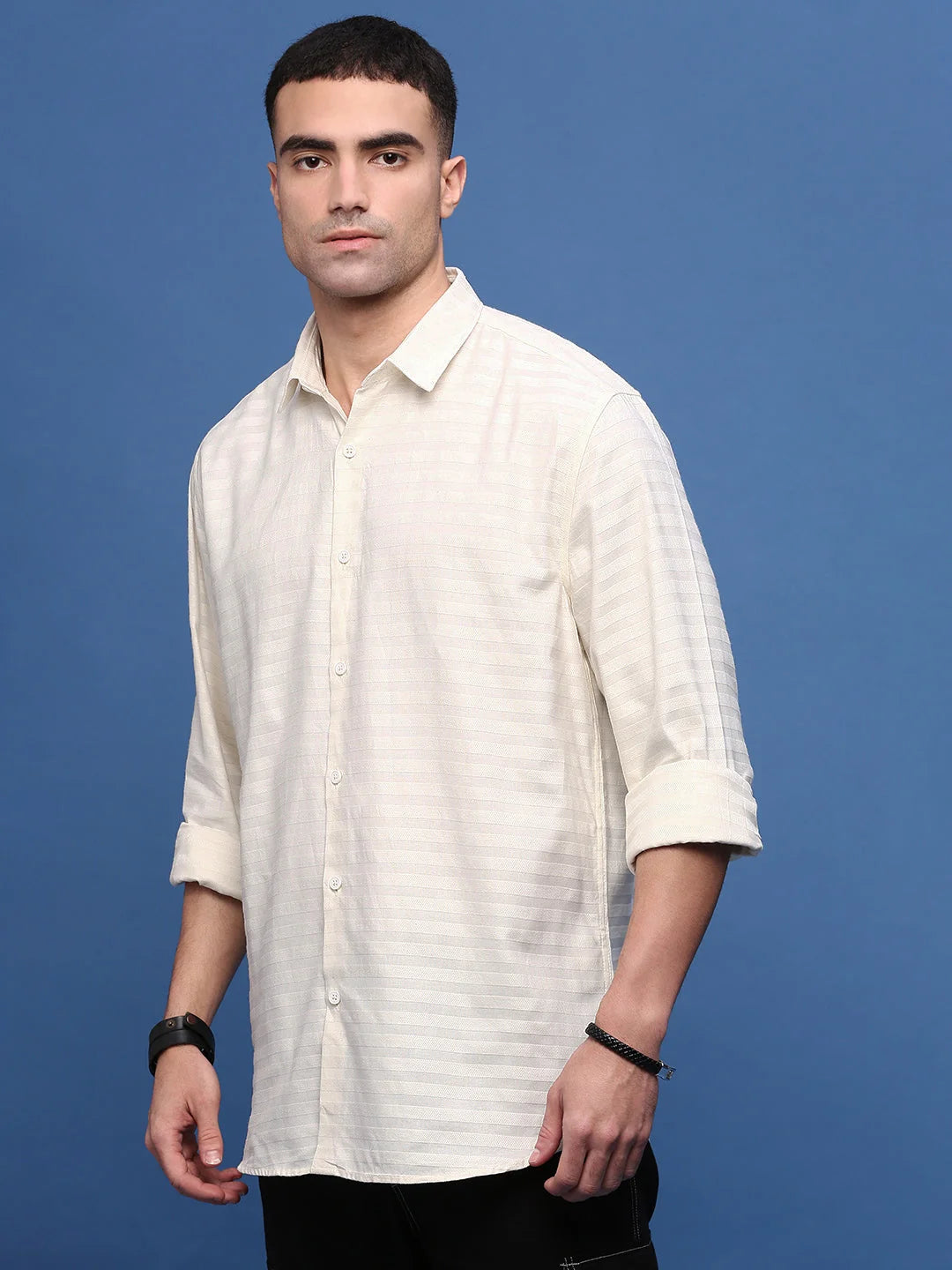 Cream Striped Slim Fit Cotton Mens Shirt | Printed Shirt