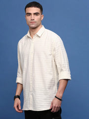 Men Cream Slim Fit Striped Shirt-Araminta-3369-Cream