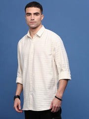 Men Cream Slim Fit Striped Shirt-Araminta-3369-Cream