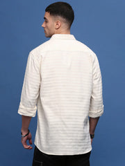 Men Cream Slim Fit Striped Shirt-Araminta-3369-Cream