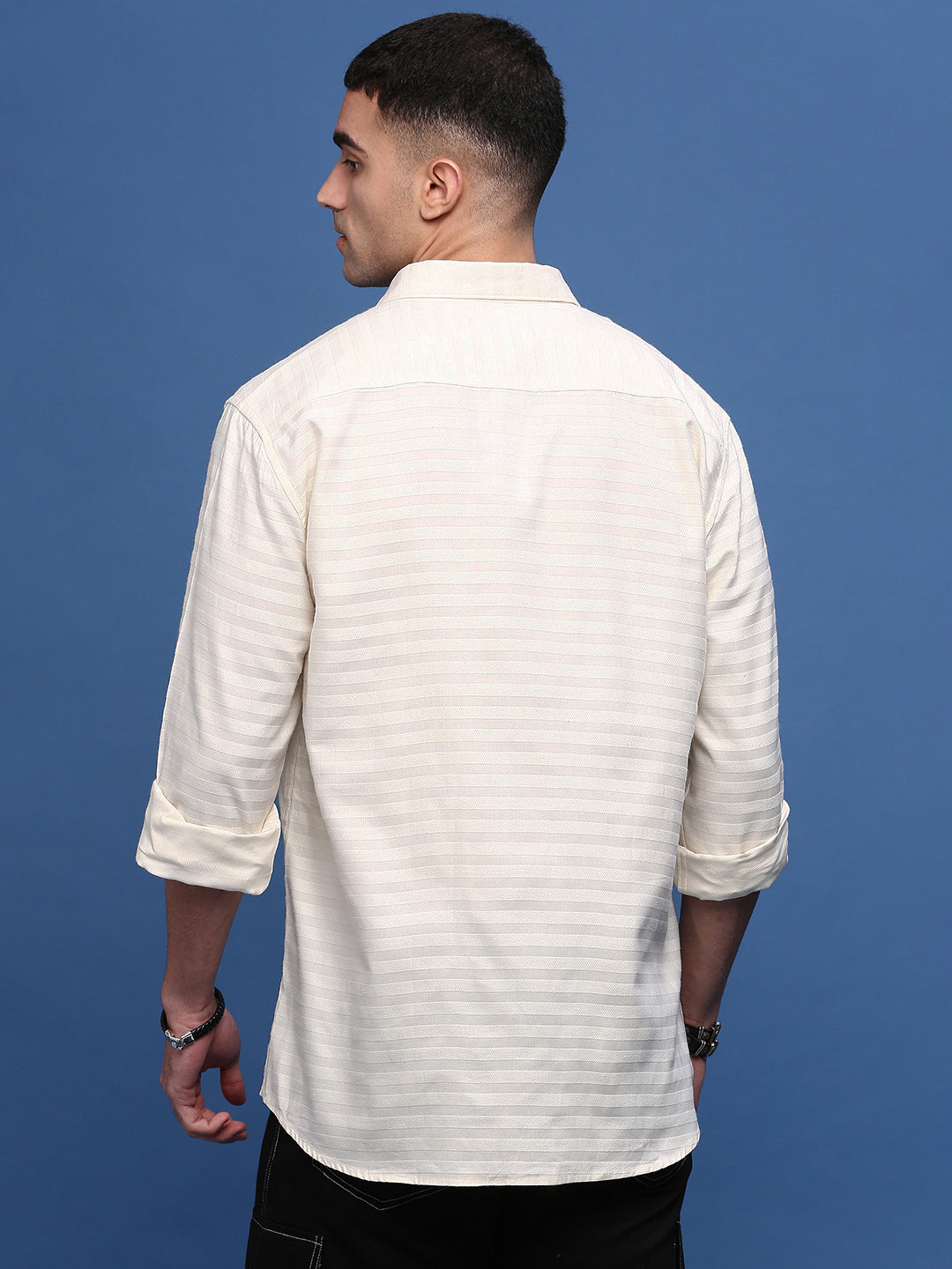 Cream Striped Slim Fit Cotton Mens Shirt | Printed Shirt
