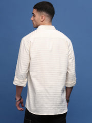 Men Cream Slim Fit Striped Shirt-Araminta-3369-Cream