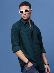 Men Teal Slim Fit Striped Shirt-Araminta-3371-Teal