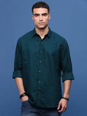 Men Teal Slim Fit Striped Shirt-Araminta-3371-Teal
