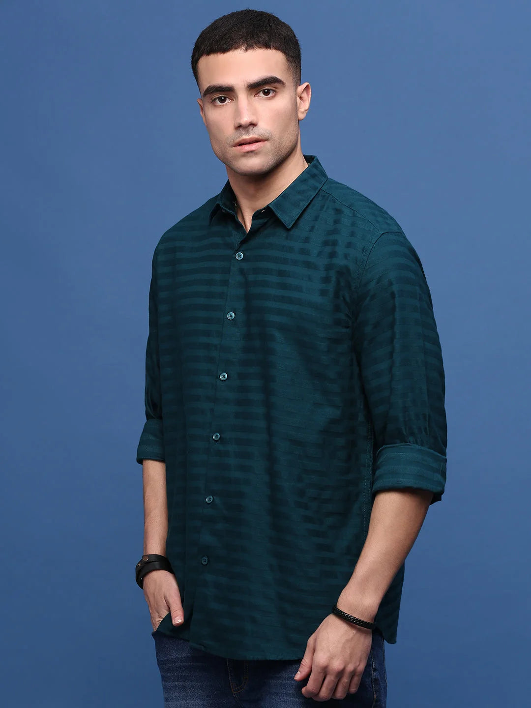 Teal Striped Slim Fit Shirt | DesiQlo Cotton Mens Shirt