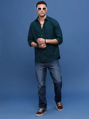 Men Teal Slim Fit Striped Shirt-Araminta-3371-Teal