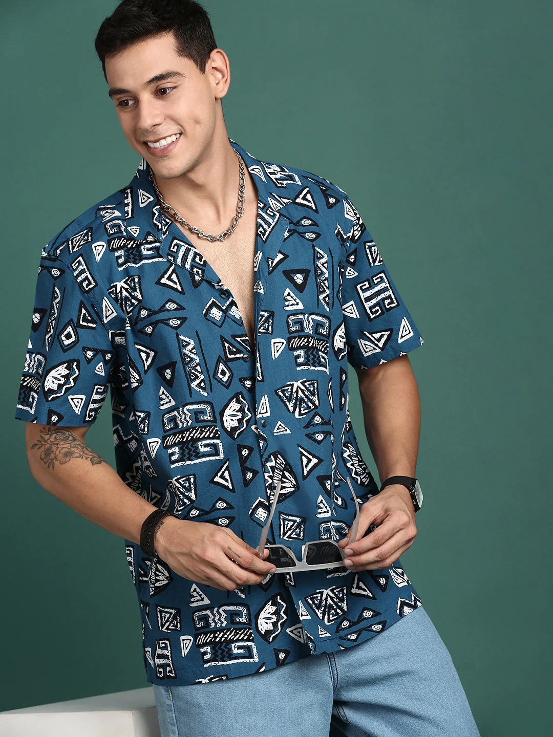 Geometric Blue Mens Shirt - Cuban Collar Relaxed Fit Beach Shirts