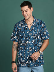 Men Cuban Collar Geometric Blue Relaxed Fit Shirt-Asher-3060-Blue