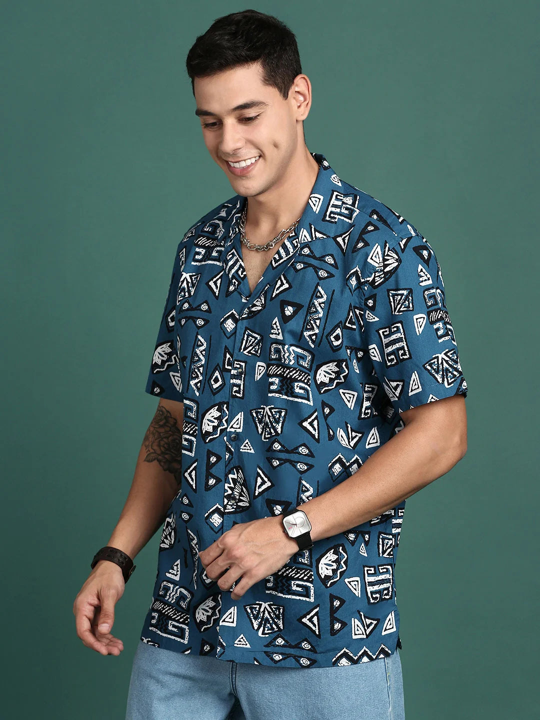 Geometric Blue Mens Shirt - Cuban Collar Relaxed Fit Beach Shirts