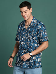 Men Cuban Collar Geometric Blue Relaxed Fit Shirt-Asher-3060-Blue