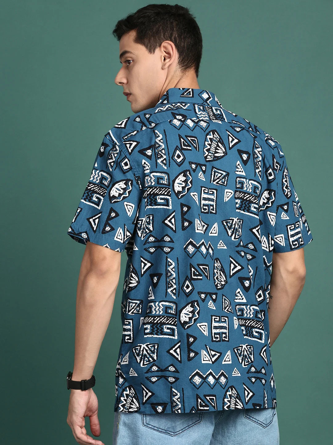 Geometric Blue Mens Shirt - Cuban Collar Relaxed Fit Beach Shirts