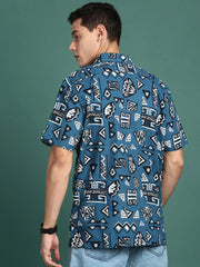 Men Cuban Collar Geometric Blue Relaxed Fit Shirt-Asher-3060-Blue