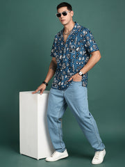 Men Cuban Collar Geometric Blue Relaxed Fit Shirt-Asher-3060-Blue