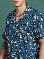 Men Cuban Collar Geometric Blue Relaxed Fit Shirt-Asher-3060-Blue