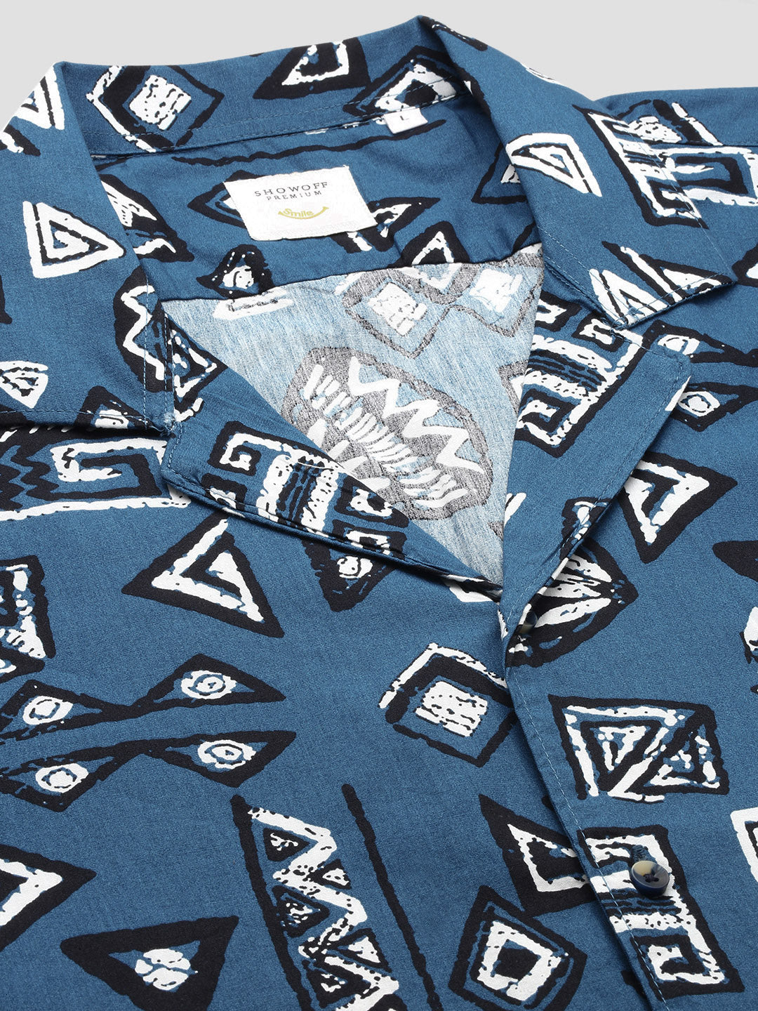 Geometric Blue Mens Shirt - Cuban Collar Relaxed Fit Beach Shirts