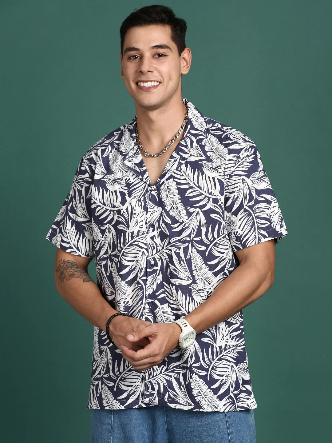 Men's Floral Cuban Collar Cotton Shirt | Navy Blue Beach Shirt
