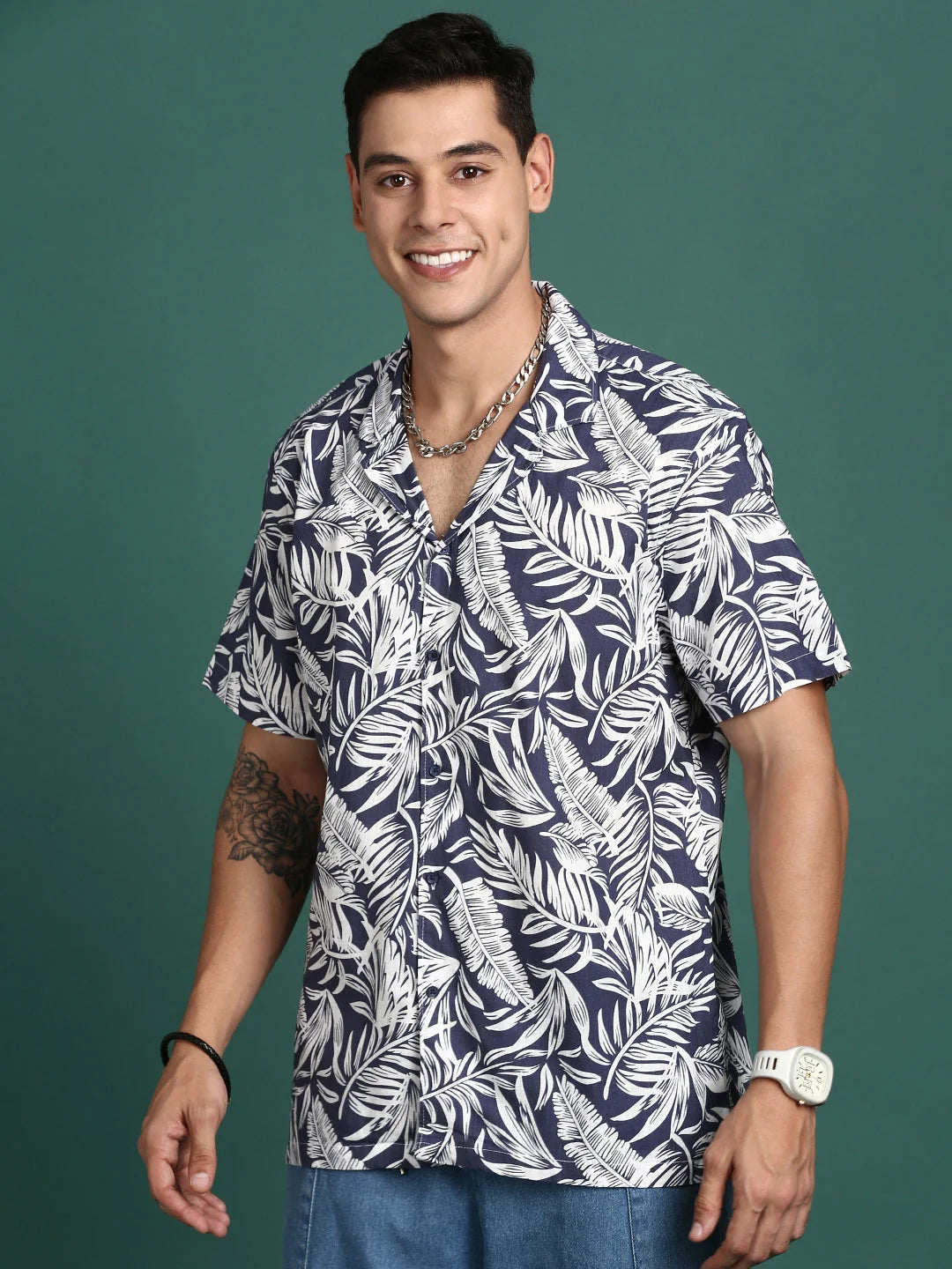 Men's Floral Cuban Collar Cotton Shirt | Navy Blue Beach Shirt