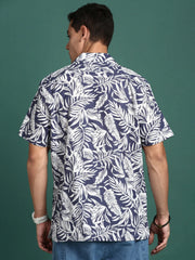 Men Cuban Collar Floral Navy Blue Relaxed Fit Shirt-Asher-3070-Navyblue