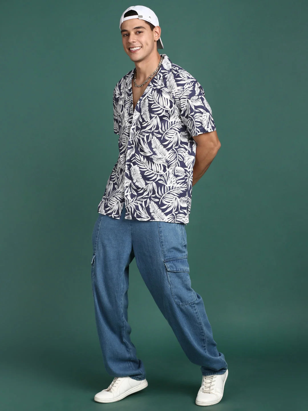 Men's Floral Cuban Collar Cotton Shirt | Navy Blue Beach Shirt