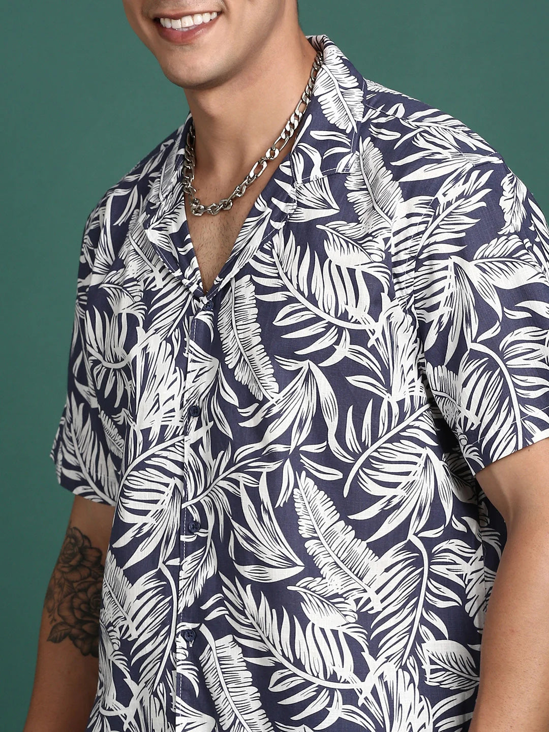 Men's Floral Cuban Collar Cotton Shirt | Navy Blue Beach Shirt