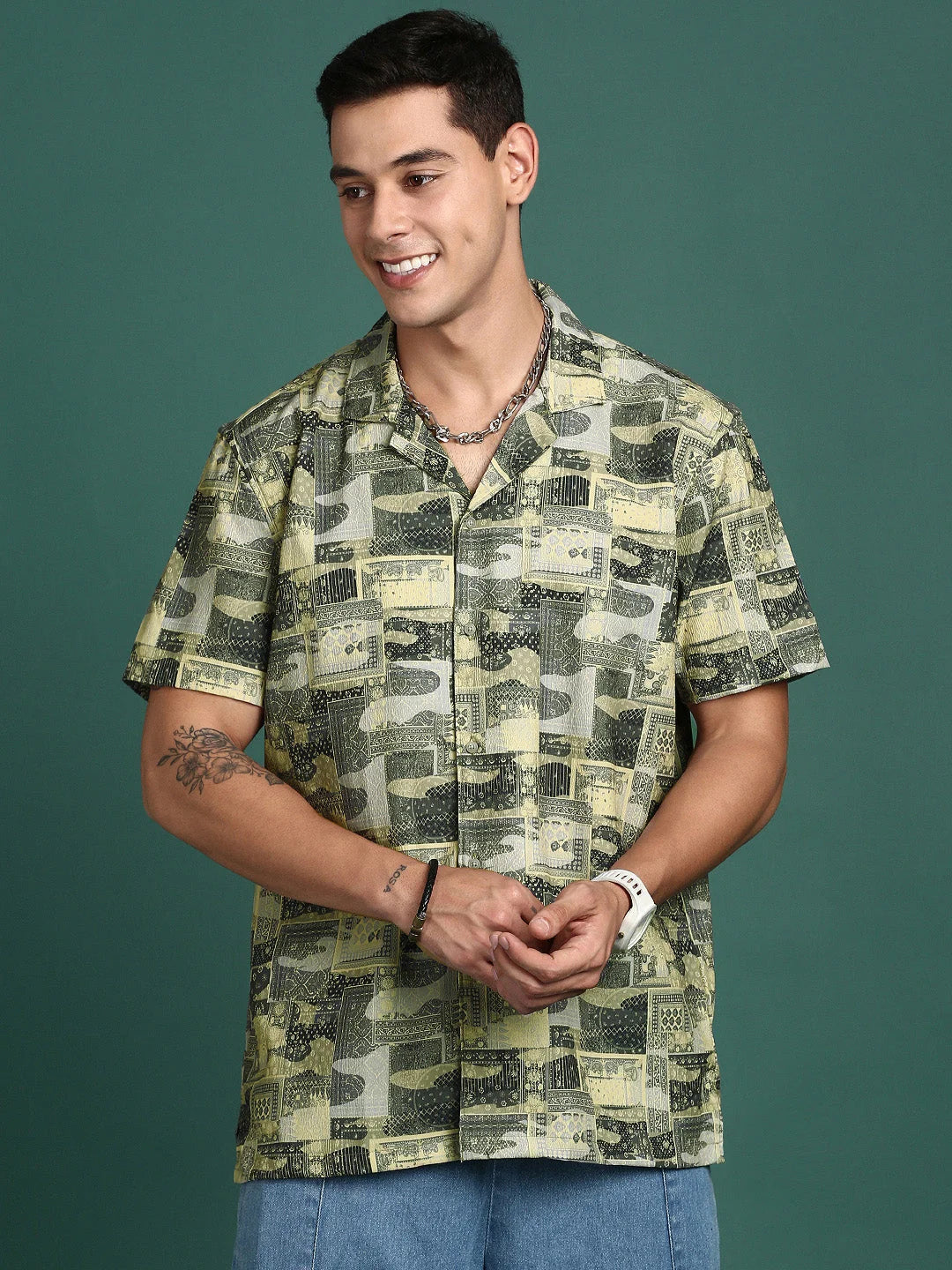 Green Cotton Printed Shirt - Men's Ethnic Cuban Collar Shirt