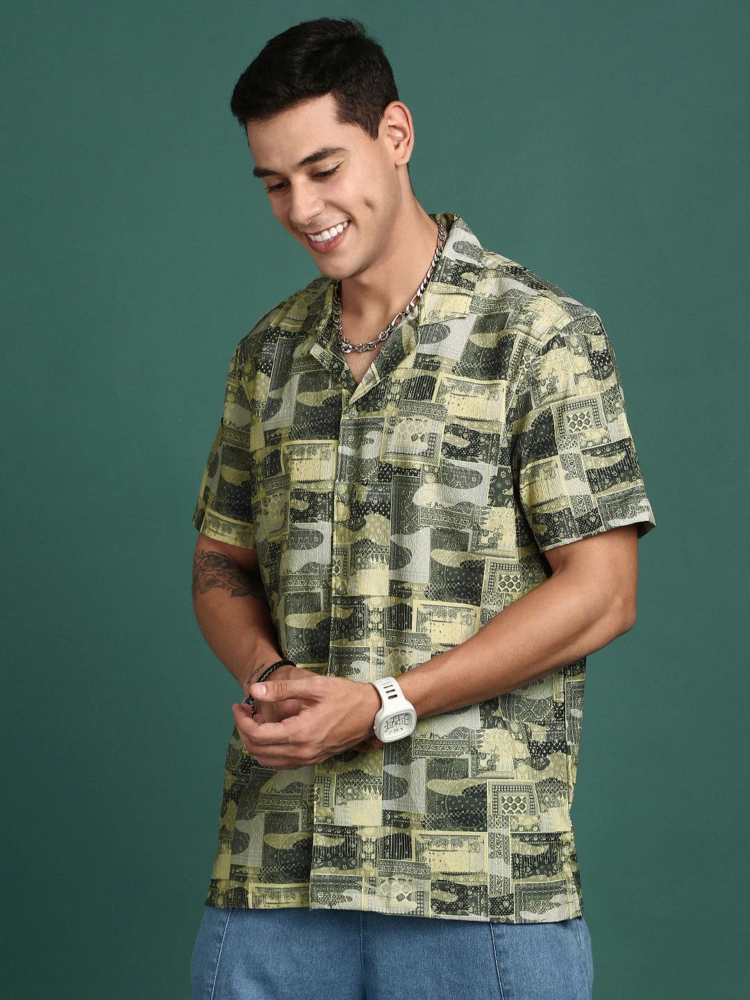 Green Cotton Printed Shirt - Men's Ethnic Cuban Collar Shirt