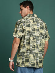 Men Cuban Collar Ethnic Motifs Green Relaxed Fit Shirt-Asher-3072-Green