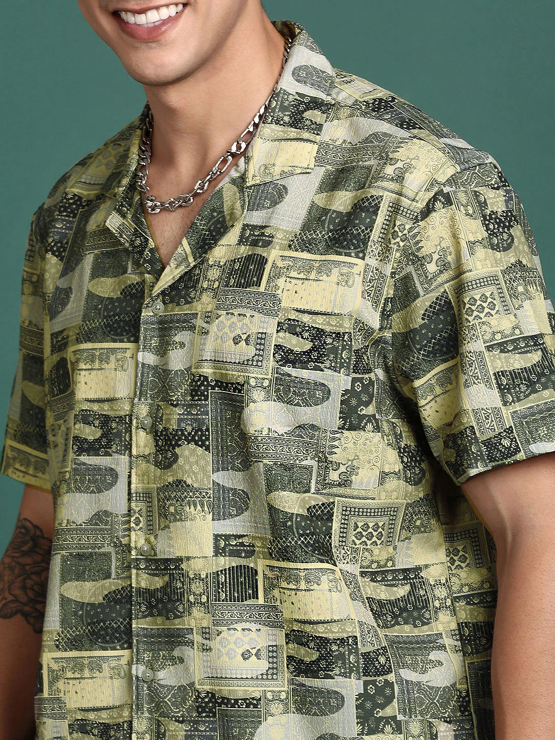 Green Cotton Printed Shirt - Men's Ethnic Cuban Collar Shirt