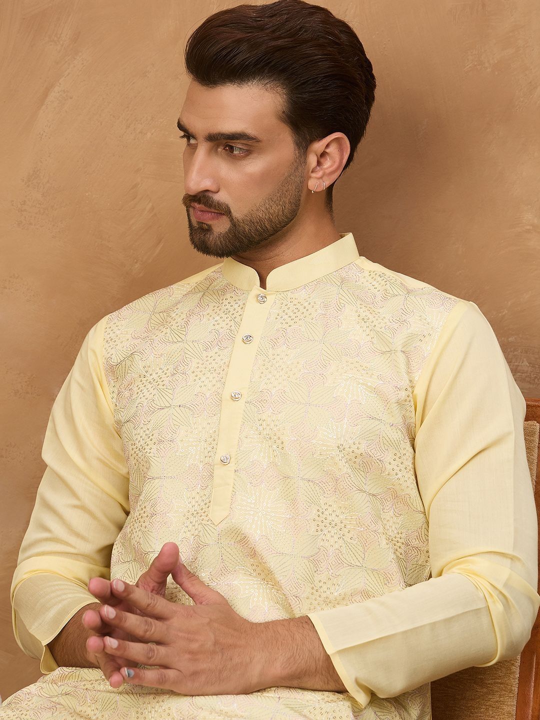 Ethnic Bay Men Yellow Silk Blend Solid Embroidered Straight Kurta With Pant Set-MKSET1467