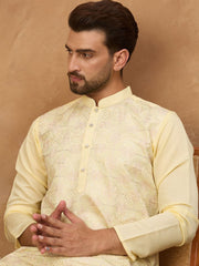 Ethnic Bay Men Yellow Silk Blend Solid Embroidered Straight Kurta With Pant Set-MKSET1467