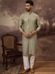 Ethnic Bay Men Green Silk Blend Solid Embroidered Straight Kurta With Pant Set-MKSET1356