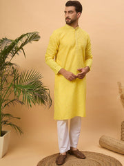 Ethnic Bay Men Yellow Silk Blend Solid Embroidered Straight Kurta With Pant Set-MKSET1455