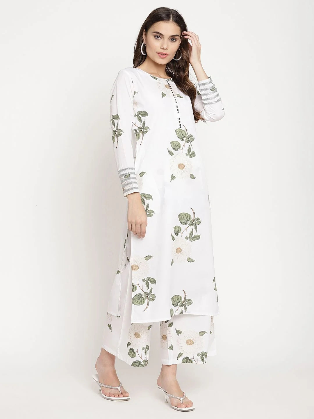 White Digital Print Kurta and Palazzo Set With Dupatta