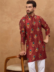 Ethnic Bay Men Red Viscose Rayon Ethnic Motifs Printed Straight Kurta With Pant Set-MKSET1544