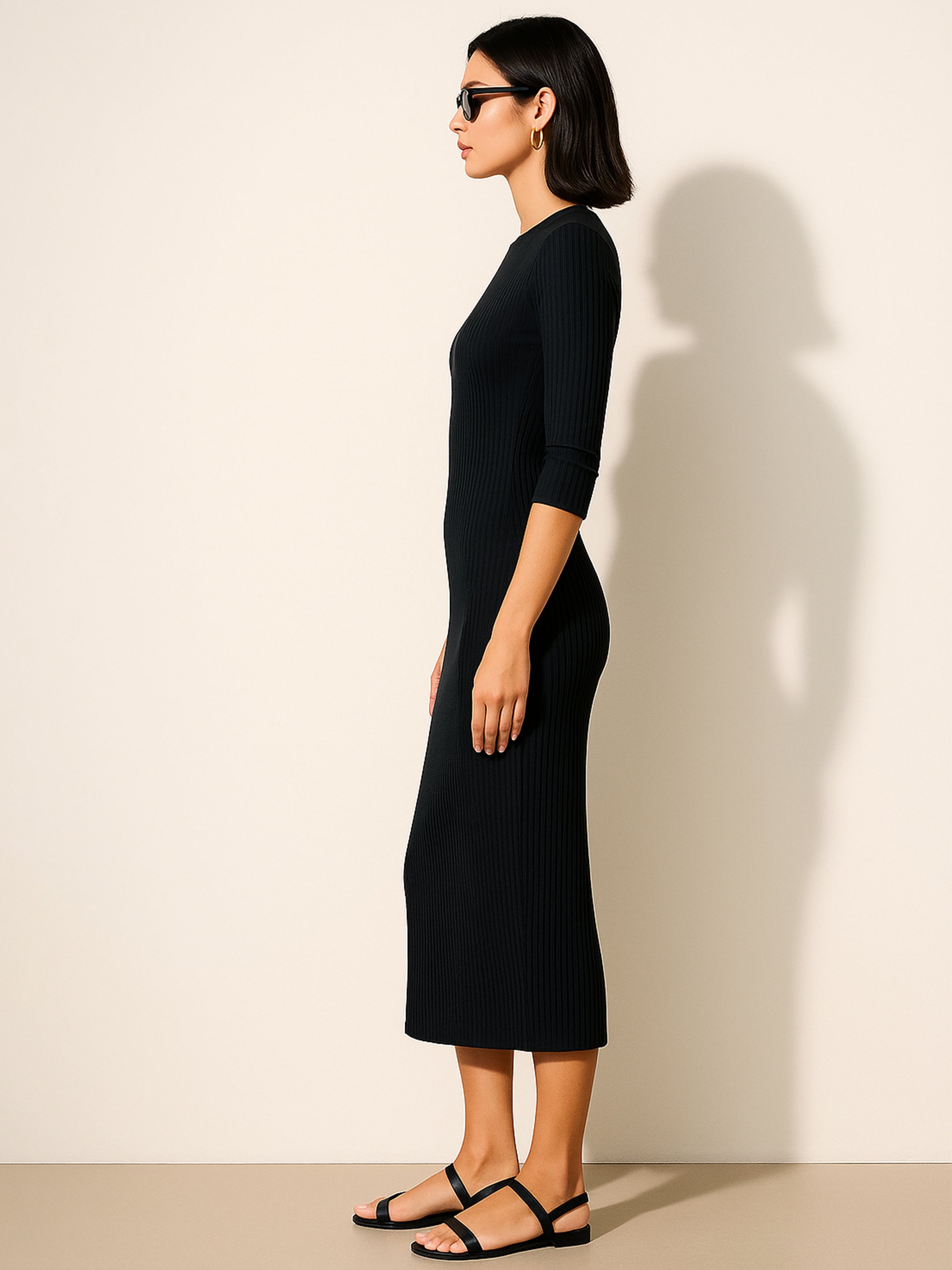 Women Black Rib Mock Round Neck Midi Dress-BADRSS12557
