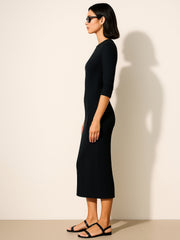 Women Black Rib Mock Round Neck Midi Dress-BADRSS12557