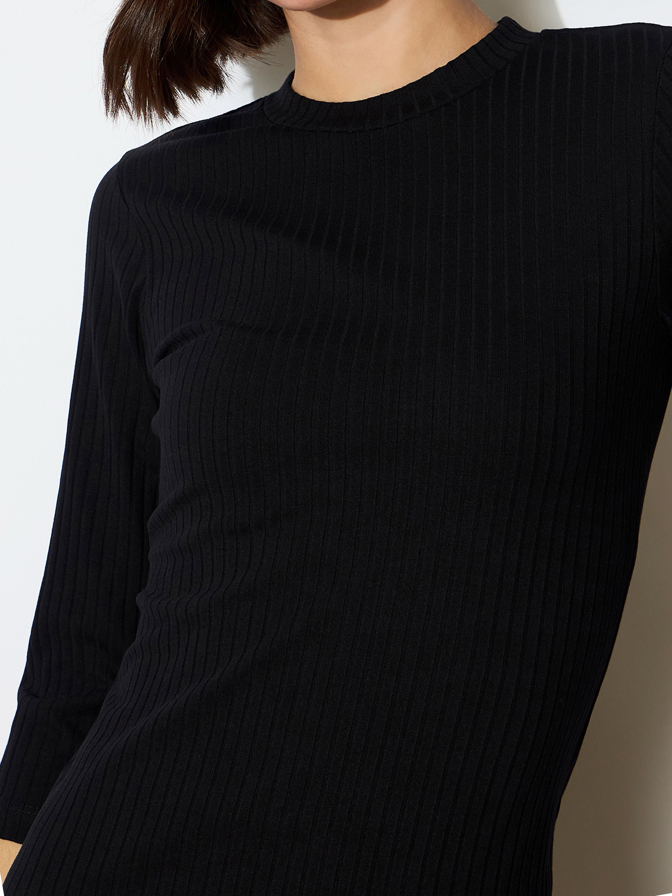 Women Black Rib Mock Round Neck Midi Dress-BADRSS12557