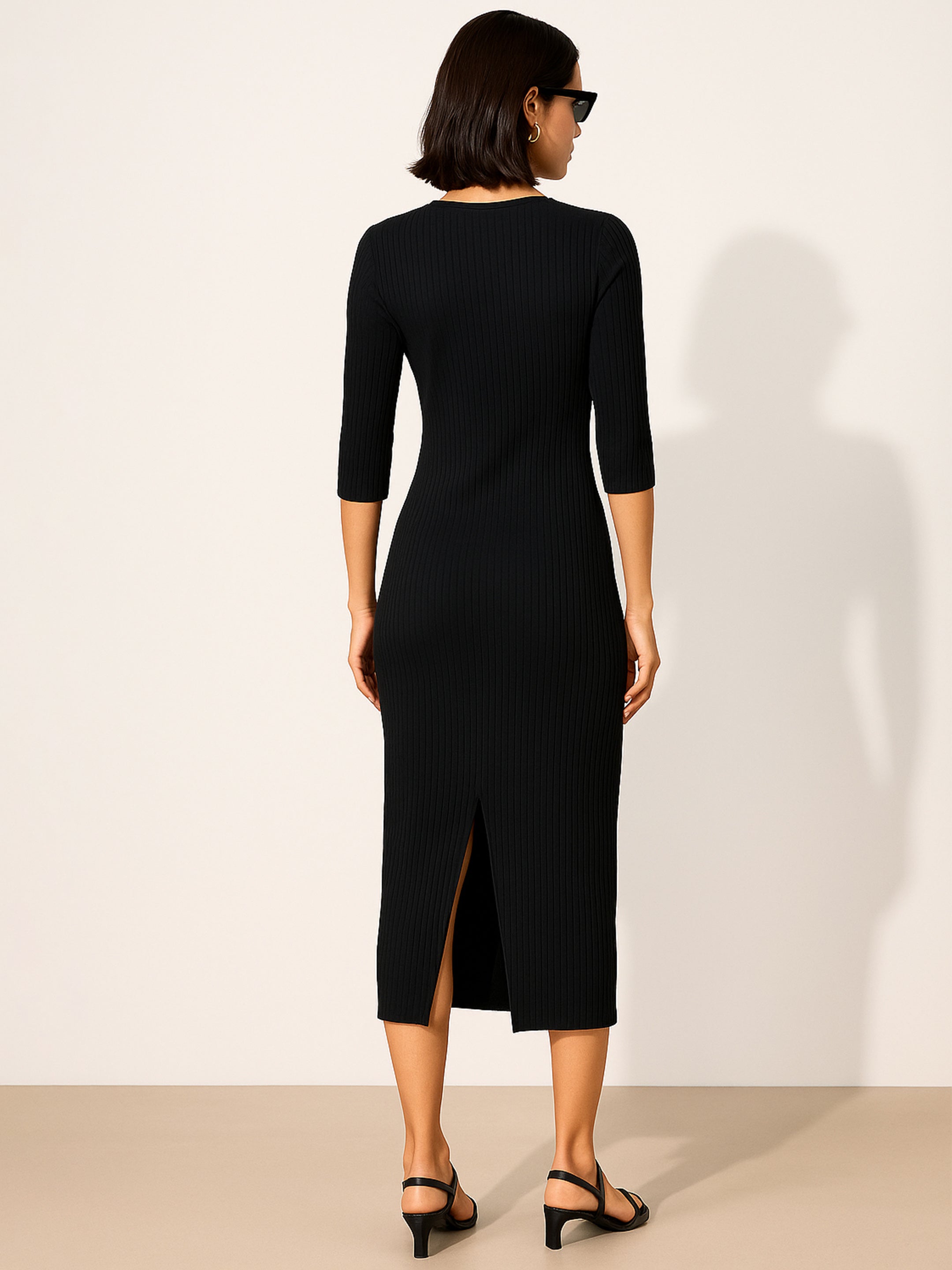 Women Black Rib Mock Round Neck Midi Dress-BADRSS12557