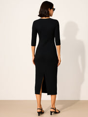 Women Black Rib Mock Round Neck Midi Dress-BADRSS12557