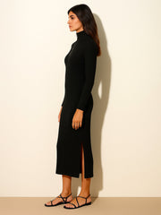 Women Black Rib High Neck Front Half Zipper Dress-BADRSS12558