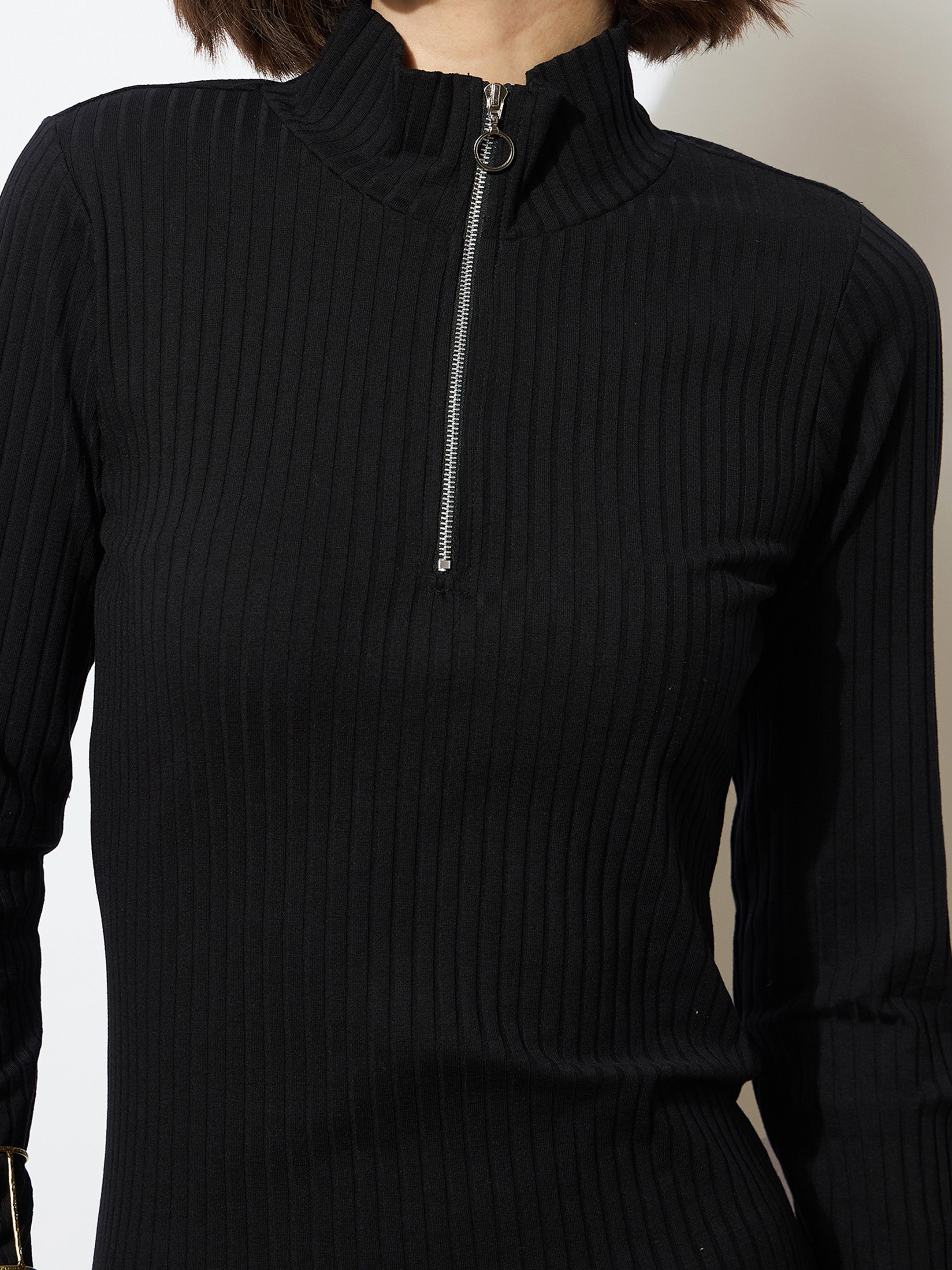 Women Black Rib High Neck Front Half Zipper Dress-BADRSS12558