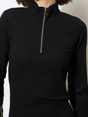 Women Black Rib High Neck Front Half Zipper Dress-BADRSS12558